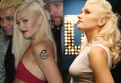 A before and after picture of Gwen Stefani showing the change in her breast size.